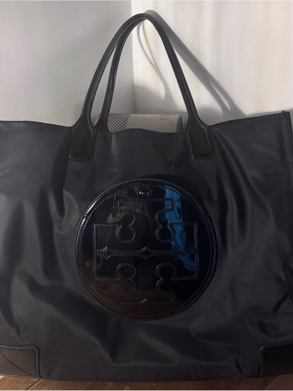 Tory Burch Black Nylon Tote with Patent Logo Medallion - Picture 1 of 2